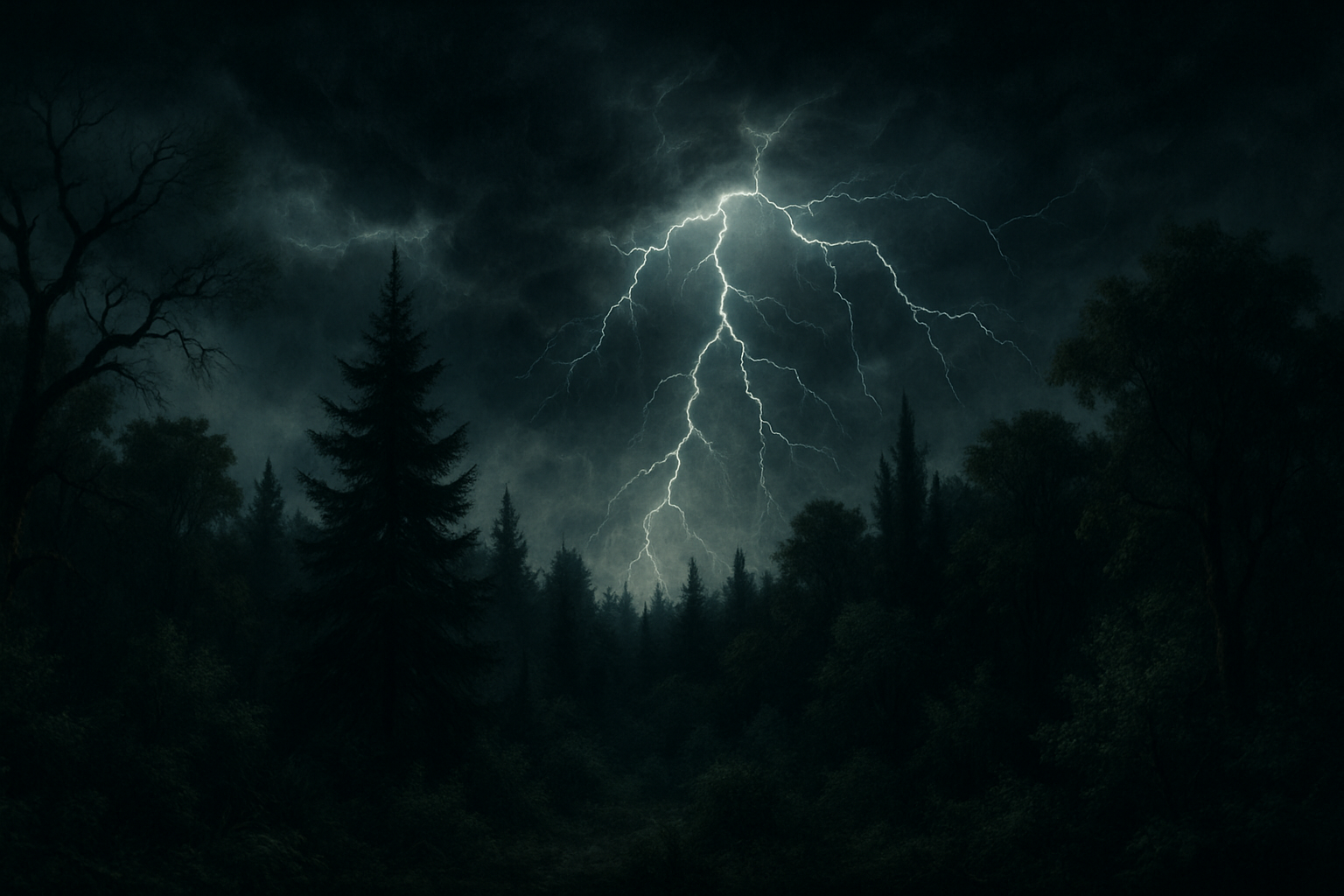 a forest for under thunderstorm